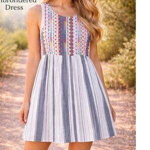 Savanna Jane Striped Embroidered Sleeveless‎ Dress Summer Casual Women's Small